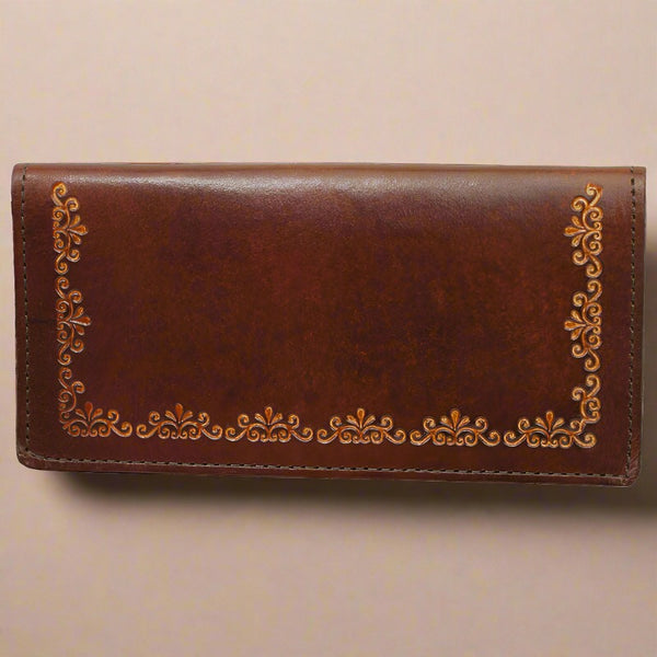 brown filigree stamped leather checkbook wallet