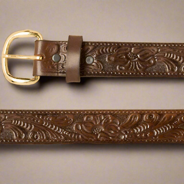 brown floral tooled leather belt