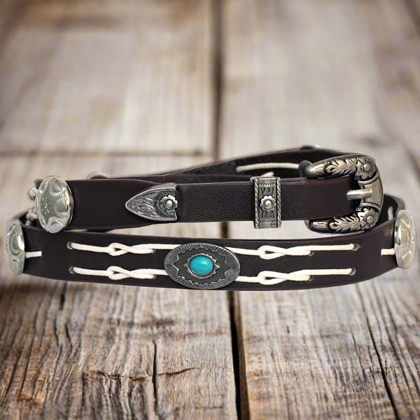 brown leather laced turquoise concho studded hat band