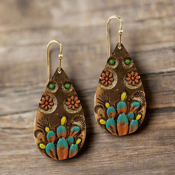 cactus flower engraved teardrop earrings