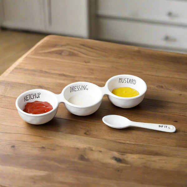 ceramic divided condiment bowl and spoon set