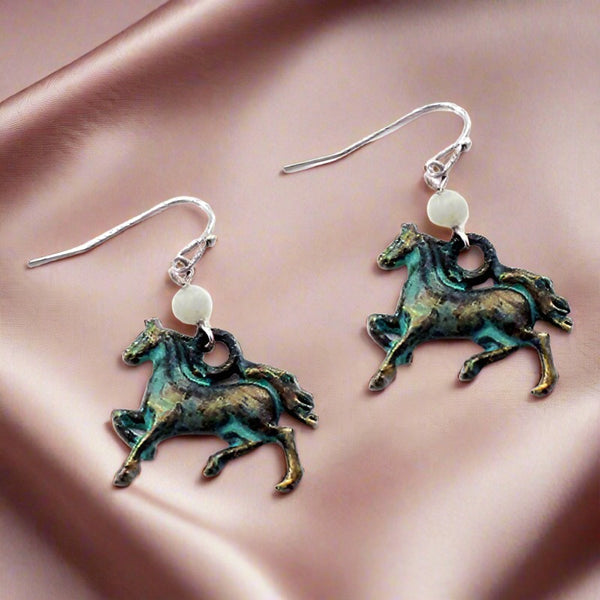 copper patina running horse earrings