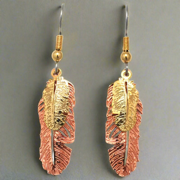 copper plated double feather earrings