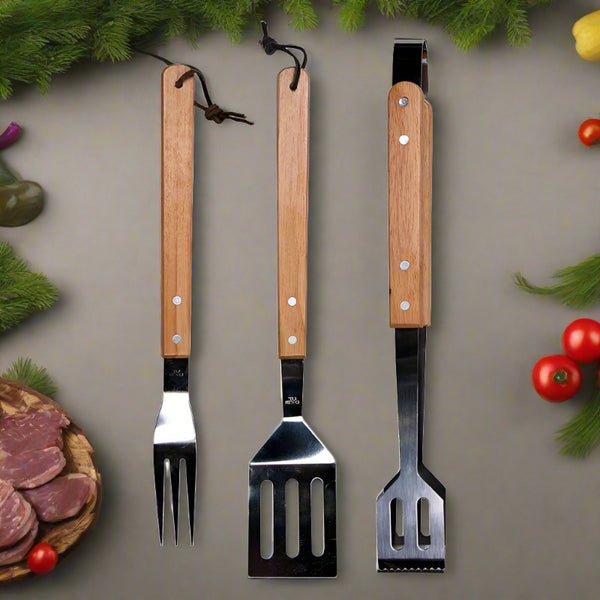 country wooden bbq grilling utensils set