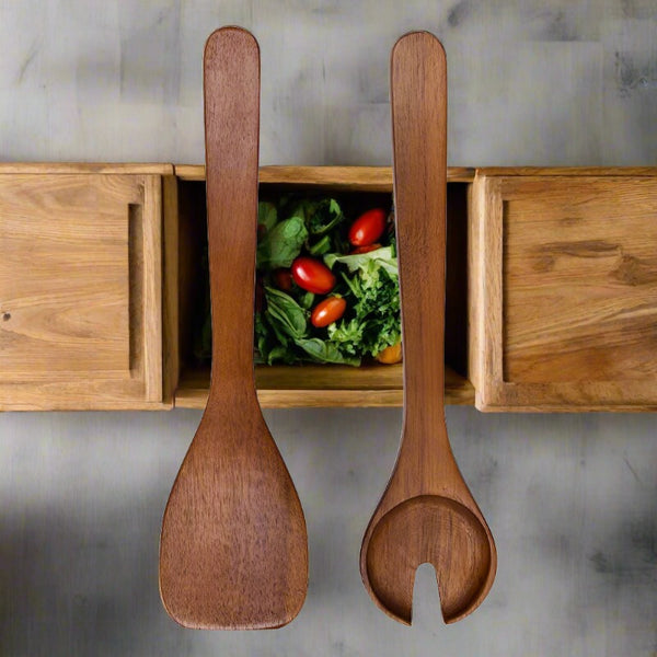 country wooden salad server set