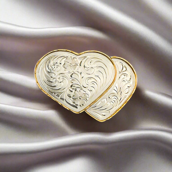 double heart german silver & gold belt buckle
