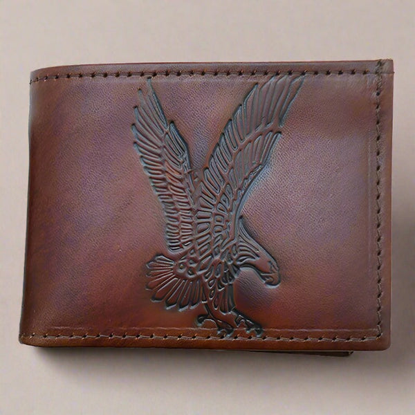 embossed eagle antiqued brown leather bifold wallet
