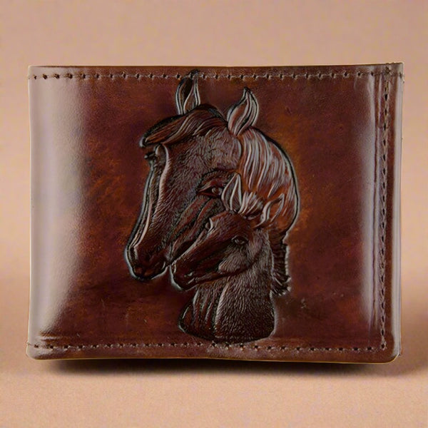 embossed horses antique brown leather bifold wallet