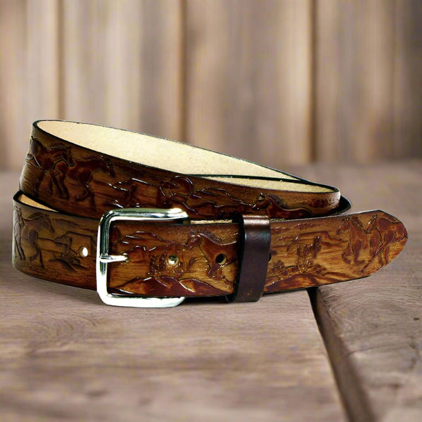 embossed horses brown leather belt