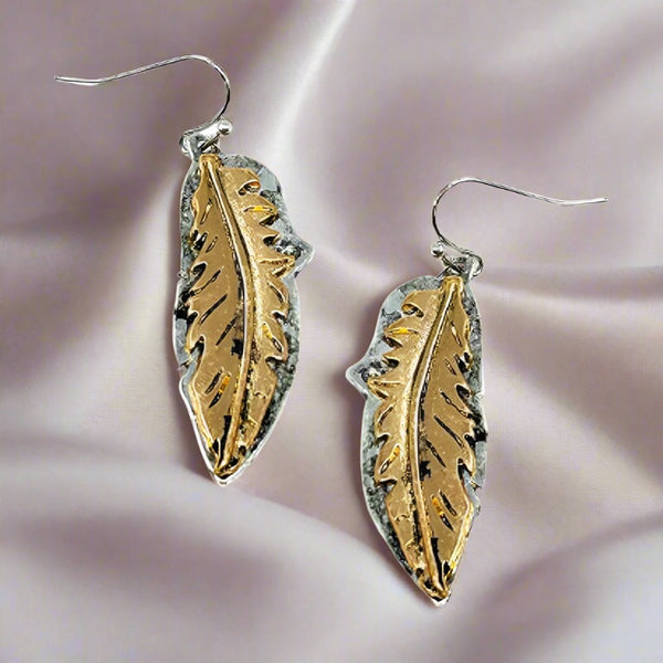 etched two tone feather earrings