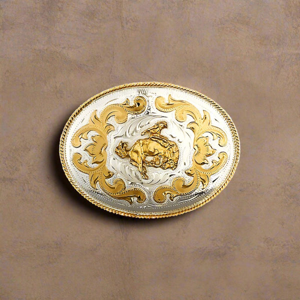 extra large bronco rider german silver & gold belt buckle