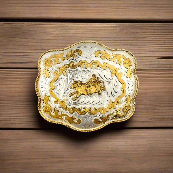 extra large german silver & gold bullrider belt buckle