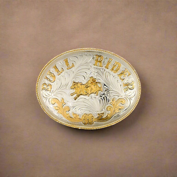 extra large german silver & gold bull rider belt buckle