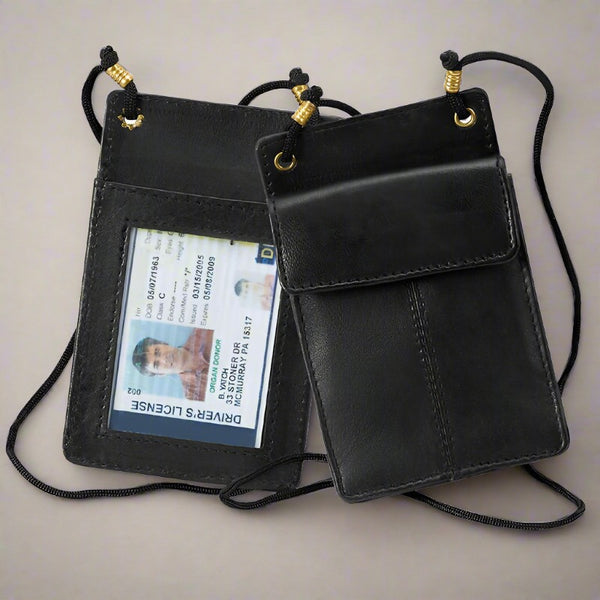 genuine leather id wallet with lanyard