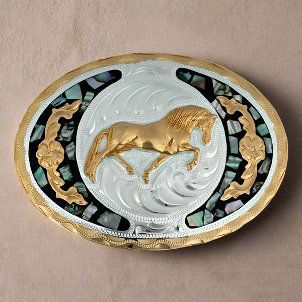 german silver & abalone galloping horse belt buckle