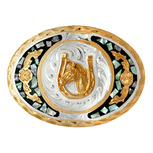 german silver & gold abalone horse head belt buckle