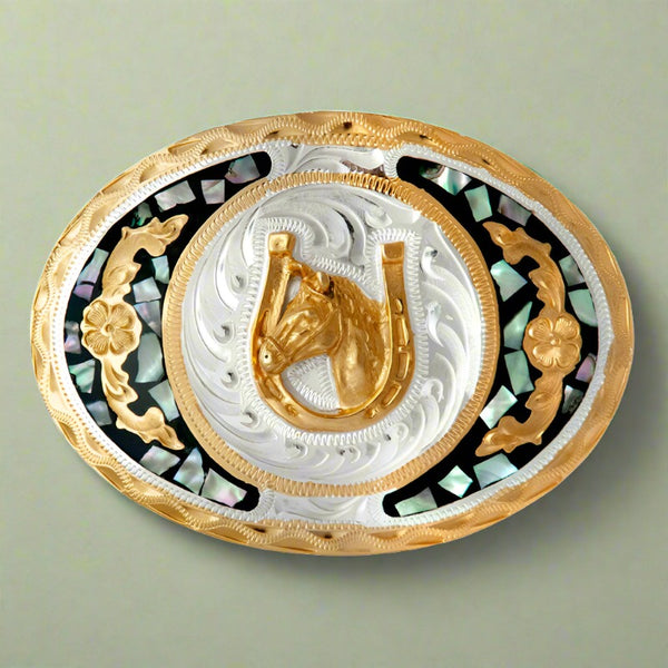german silver & gold abalone horse head belt buckle