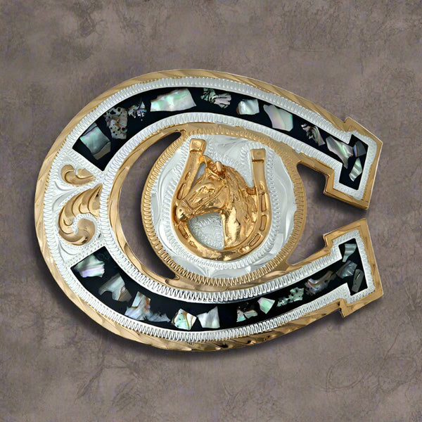 german silver & gold abalone horseshoe belt buckle