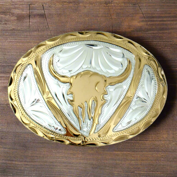 german silver and gold steer head belt buckle