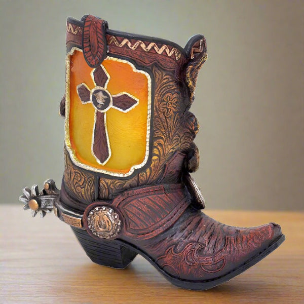 glowing cross cowboy boot candle holder