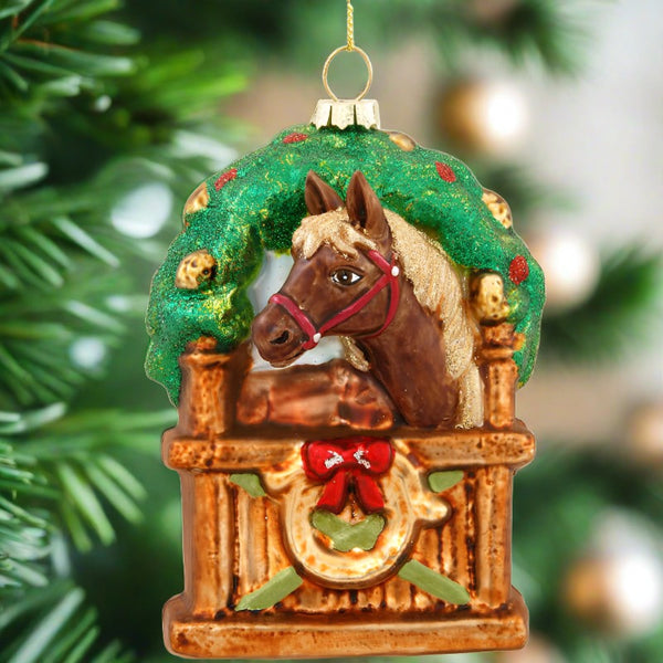 horse in stable glass ornament