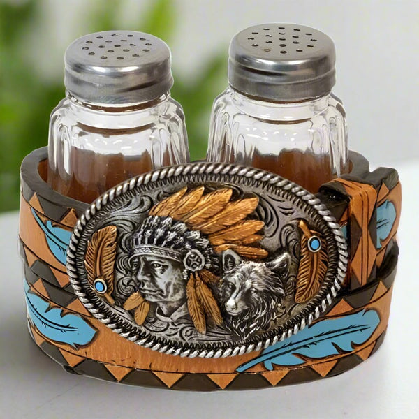 indian chief and wolf belt buckle salt and pepper shakers set