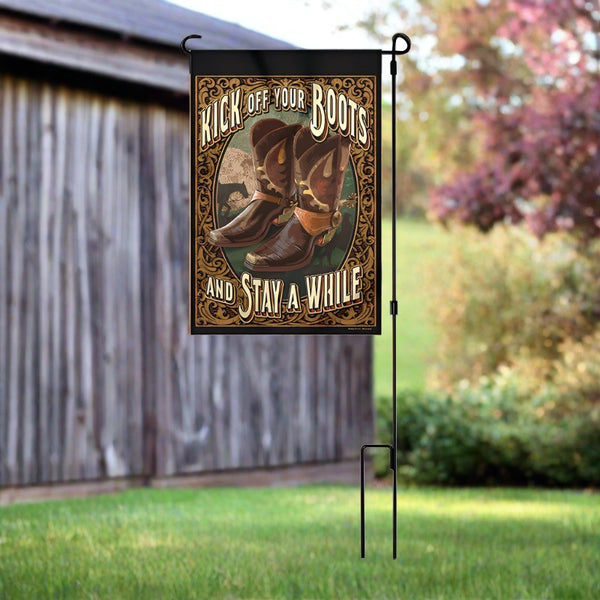 kick off your boots and stay awhile garden flag and pole