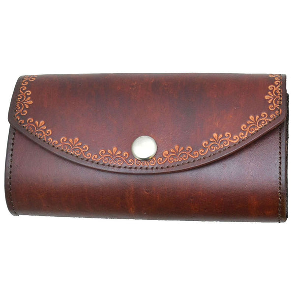 ladies brown floral stamped leather organizer wallet