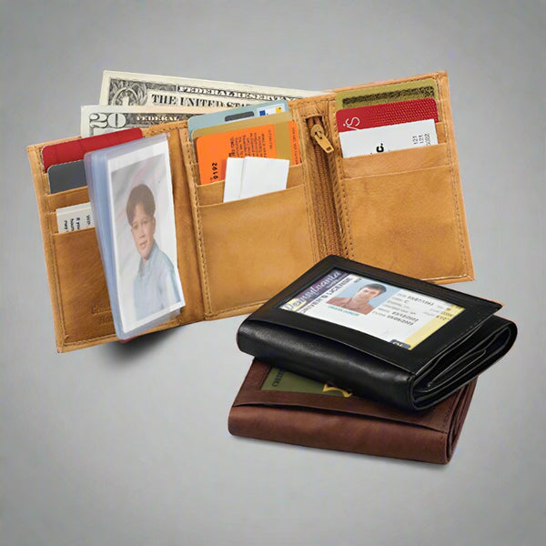 mens leather trifold id wallet
