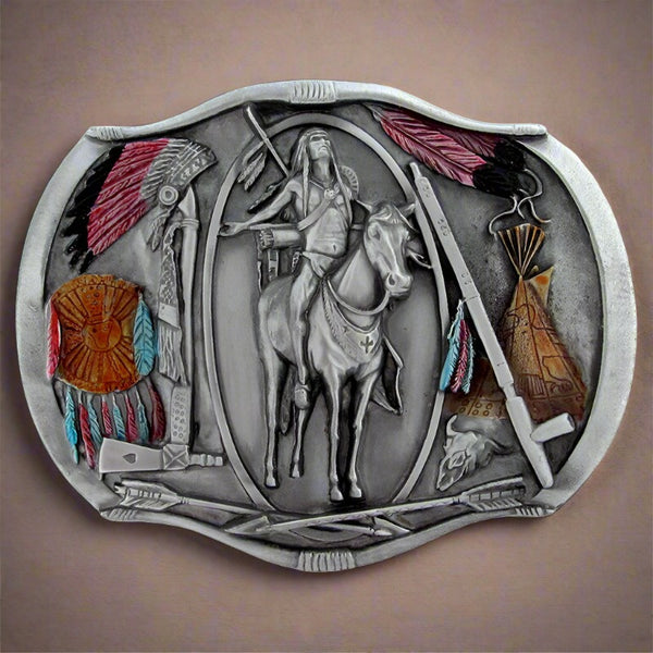 native american enamel & pewter belt buckle