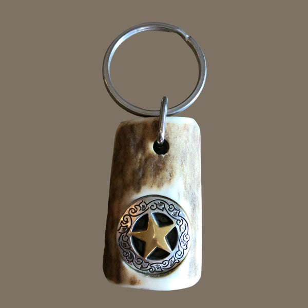 natural deer antler brass star concho keyring