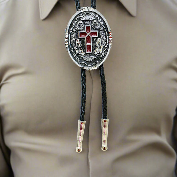 oval red cross bolo tie