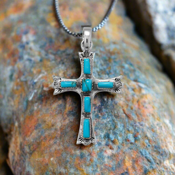 oxidized turquoise cross pendant