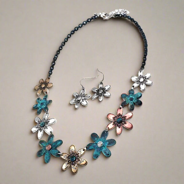 patina floral necklace and earrings set