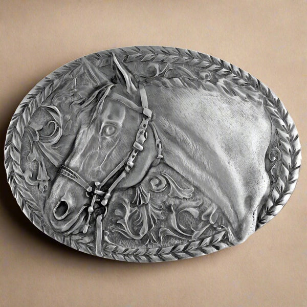 pewter horse head belt buckle