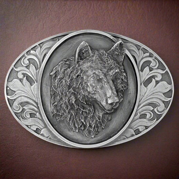 pewter wolf & western scrolls belt buckle