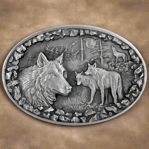 pewter wolf pack belt buckle