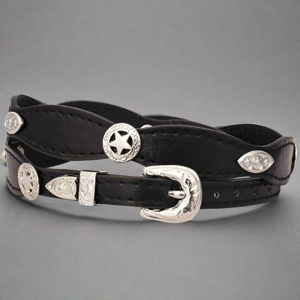 scalloped black leather star concho hat band