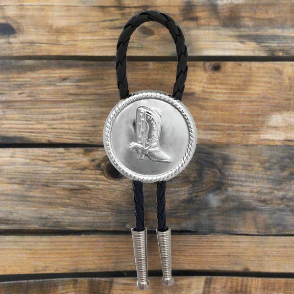 silver cowboy boot medallion bolo tie