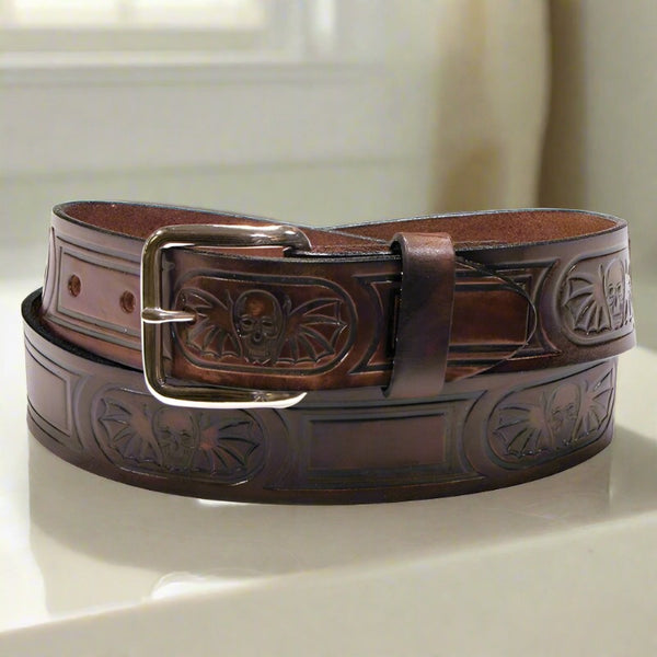 skulls & wings brown leather bikers belt