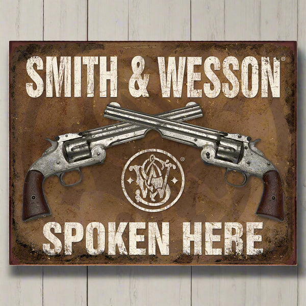 smith and wesson spoken here tin sign