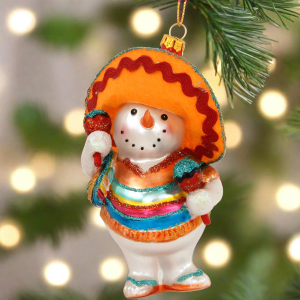 snowman hombre with maracas glass ornament