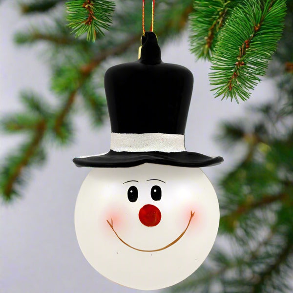 snowman in top hat glass ornament