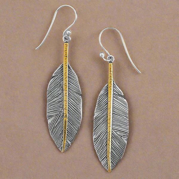 sterling silver & gold two tone feather earrings