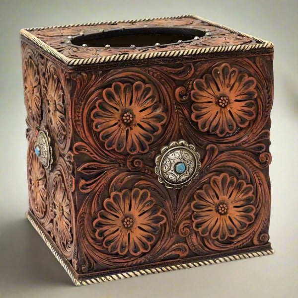 tooled flowers and conchos tissue box cover