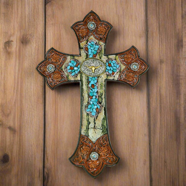 tooled leather and longhorn concho wall cross