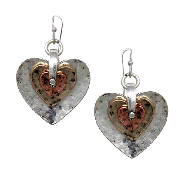tri color hammered hearts earrings