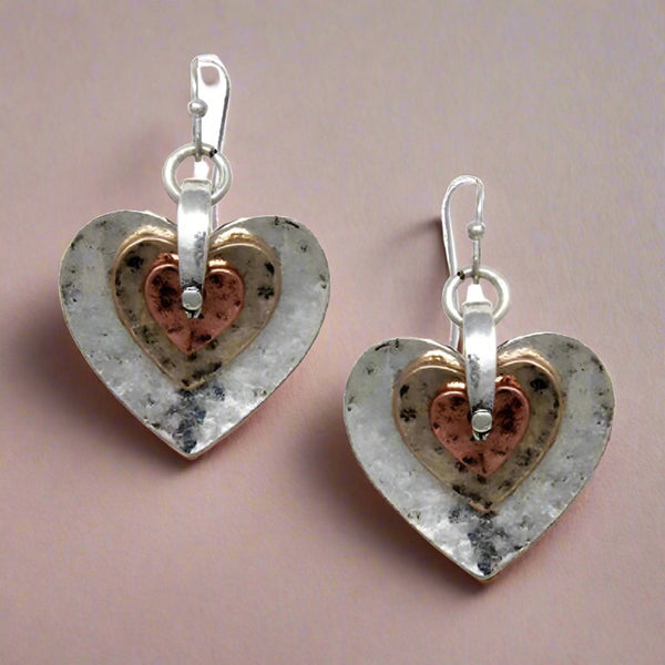 tri color hammered hearts earrings