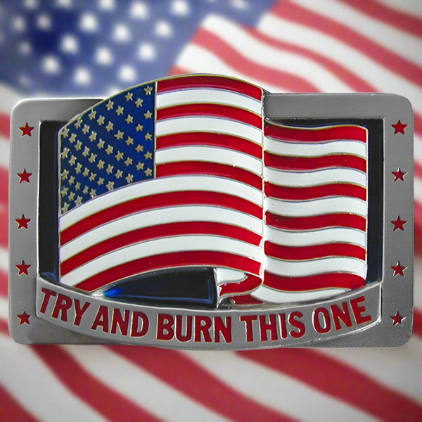 try and burn this one flag belt buckle