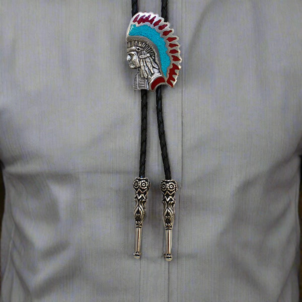 turquoise & coral indian chief bolo tie